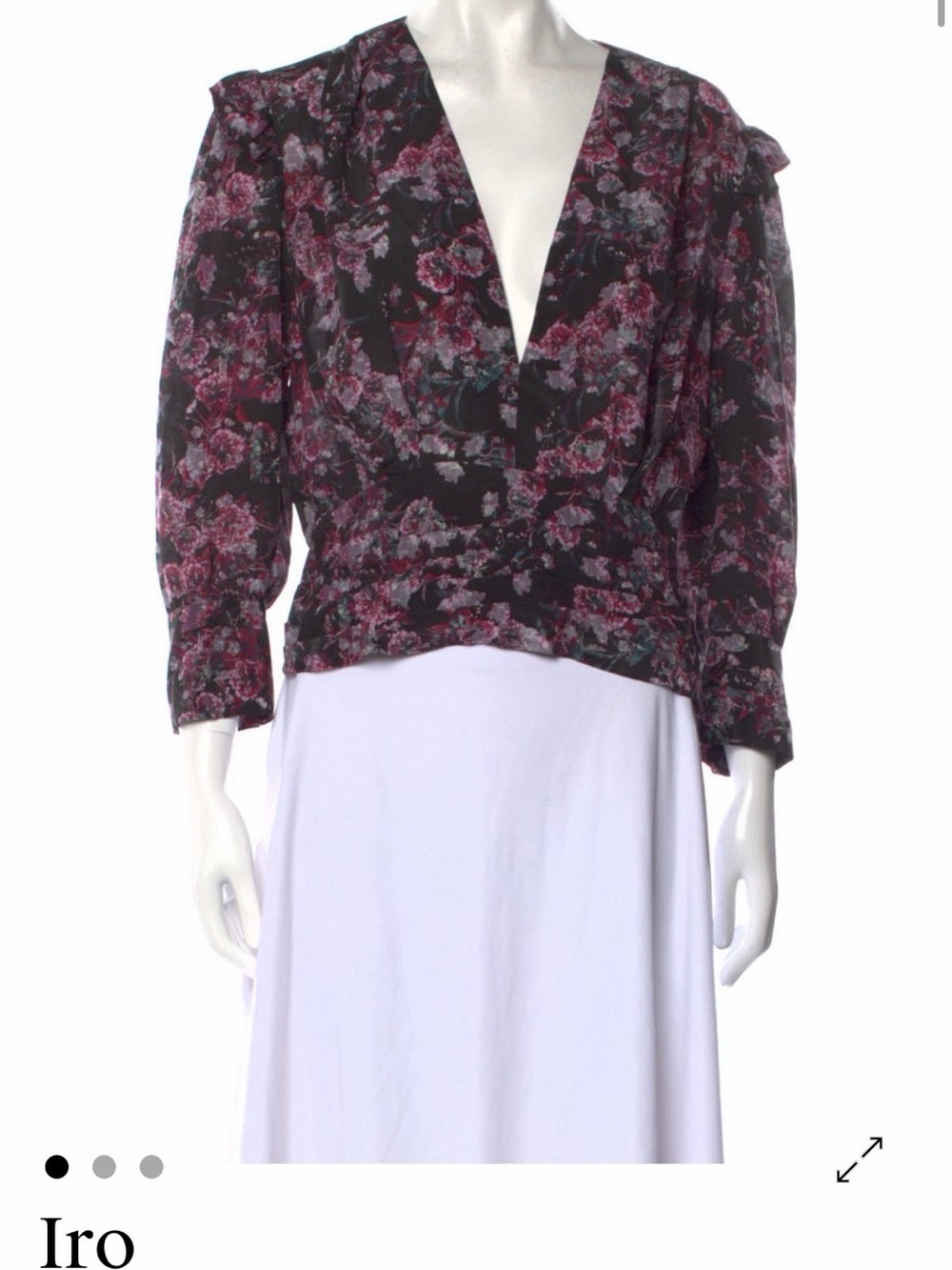 Iro Black & Pink Floral V-Neck Blouse - Size FR38